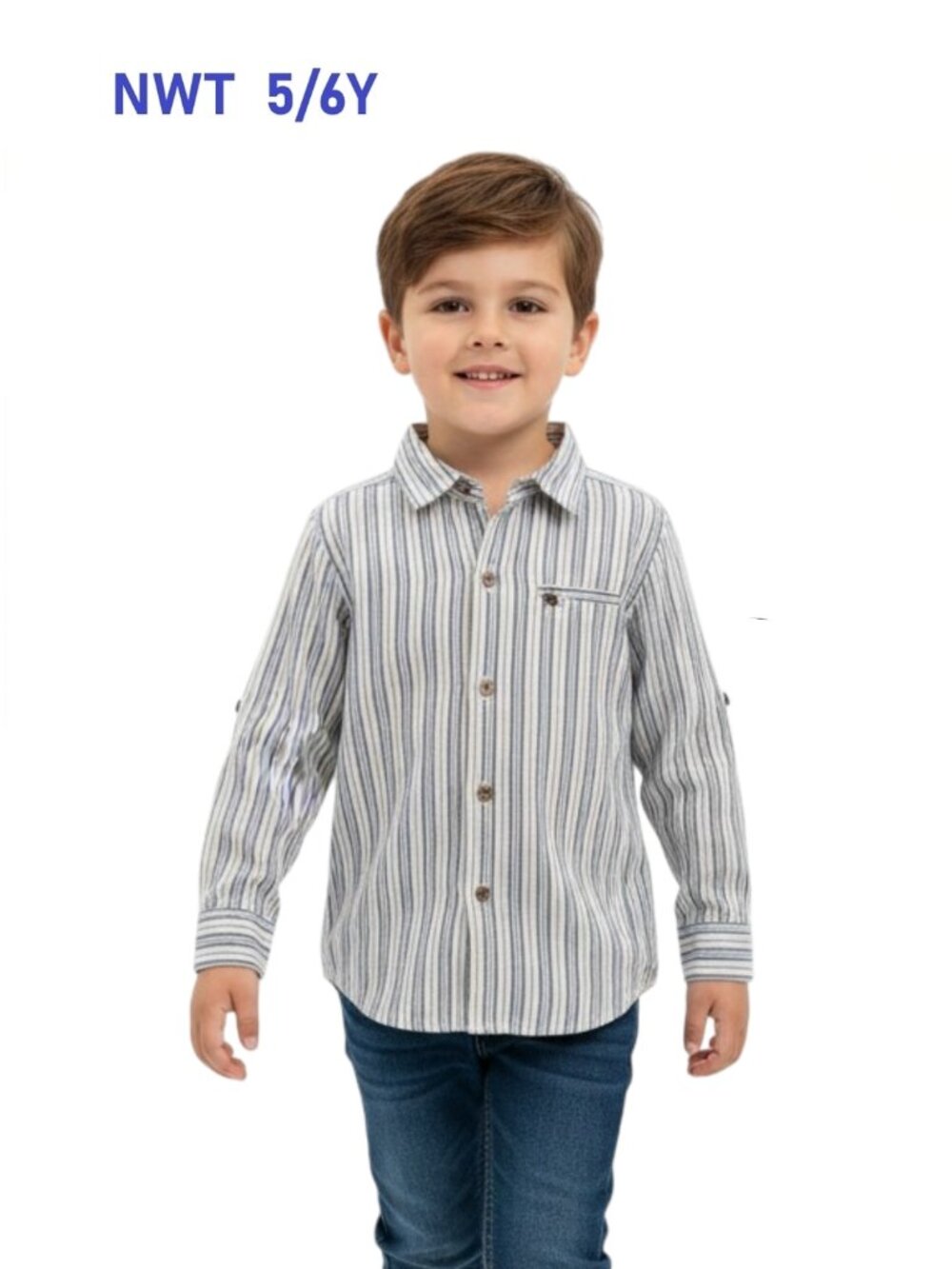 Me & Henry Multi Stripe Long Sleeve Button Down Woven Shirt - size 5/6Y